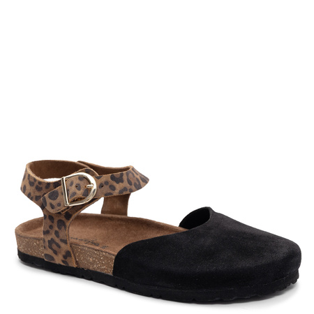 Maciejka Leather Sandals Closed Toe Adjustable Strap Black & Leopard H7365-01/00-0