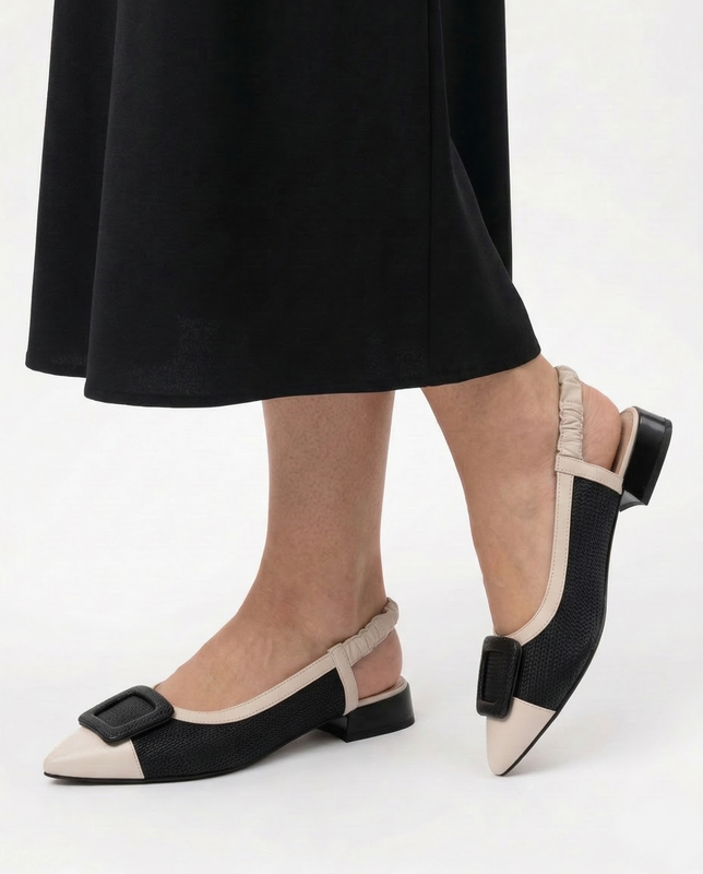 Maciejka Czółenka Slingback Skórzane Niski Obcas Czarno-Beżowe K7466-04/00-1
