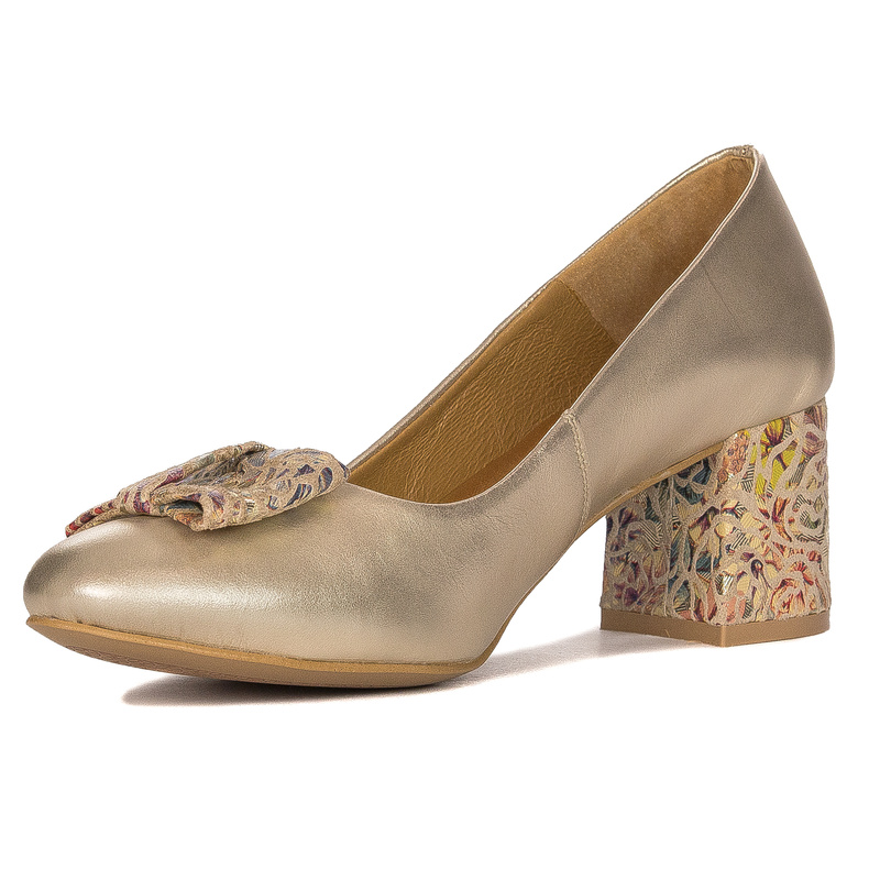 Maciejka Leather Pumps With Bow On Block Heel Gold 3356A-25/00-1