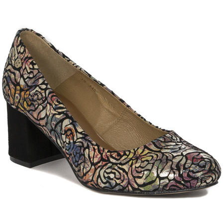 Maciejka Czółenka czarny+kwiaty skóra naturalna