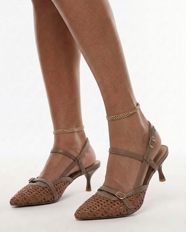 Maciejka Czółenka Skórzane Ażurowe Slingback Szpiczasty Nosek Brązowy K7446-29/00-1