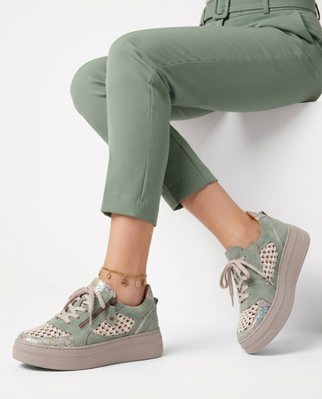 Maciejka Leather Sneakers With Openwork Weave Green 07317-24/00-1