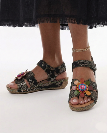 Maciejka Leather Sandals with Velcro Strap and Flower Applique Black-Multicolor K7418-01/00-1