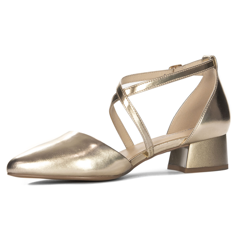 Maciejka Leather Pumps With Cross Straps Low Block Heel Gold K6807-25/00-1