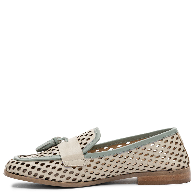 Maciejka Leather Openwork Loafers with Tassels Beige-Green HJ760-09/00-1