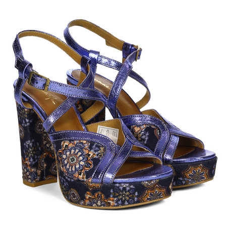 Maciejka Women's Stiletto Leather Sandals Dark Blue with Flowers