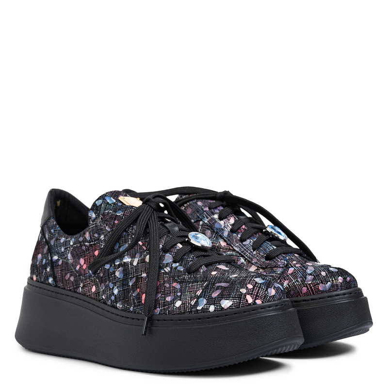 Maciejka Leather Platform Sneakers With Confetti Print, Black 6191W-04/00-8