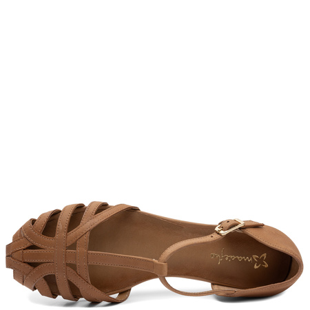 Maciejka Leather T-Strap Sandals Woven Openwork Brown 07547-10/00-1