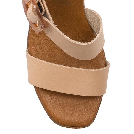 Maciejka Leather High Block Heel Sandals with Tortoiseshell Buckle, Beige L5245-04-00-0