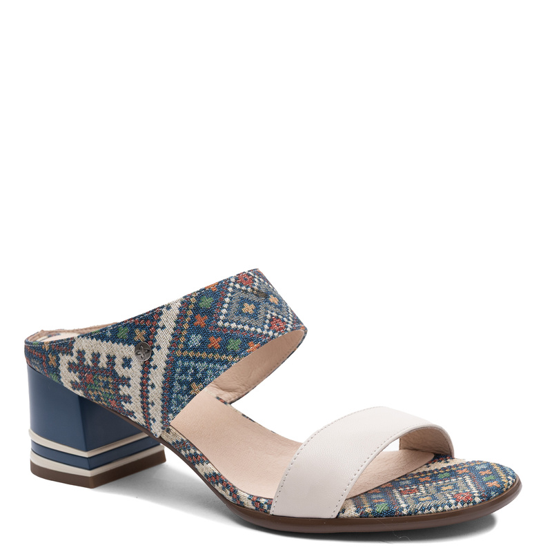 Maciejka Leather Mules Patterned Strap Stable Block Heel Beige-Navy K7522-04/00-1