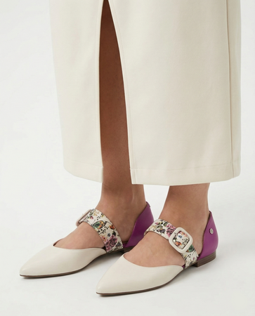 Maciejka Mary Jane Flats Leather Floral-Strap Pointed-Toe Beige-Pink K7438-15/00-1