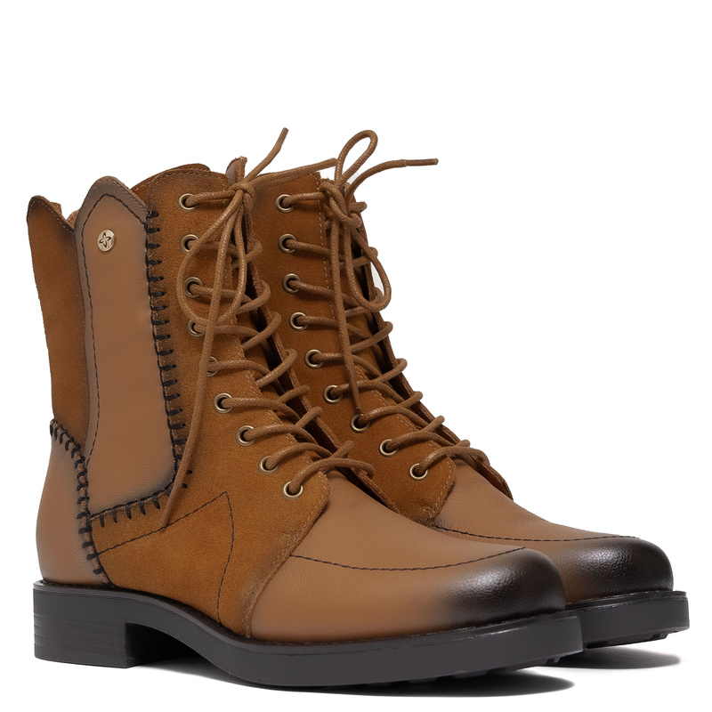 Maciejka Women’s Leather Lace-Up Boots Hand-Stitched Side Zip Cognac Brown A7155-07/00-7
