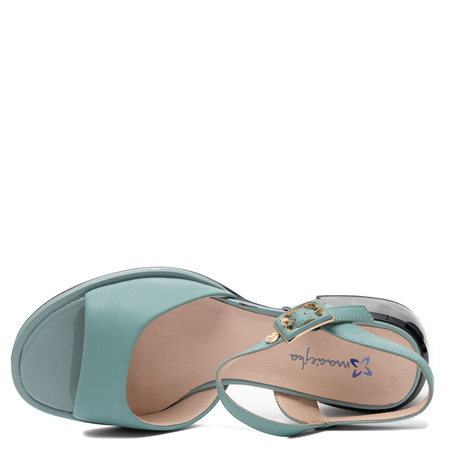 Maciejka Leather Sandals Block Heel Open Back Turquoise K7523-36/00-1