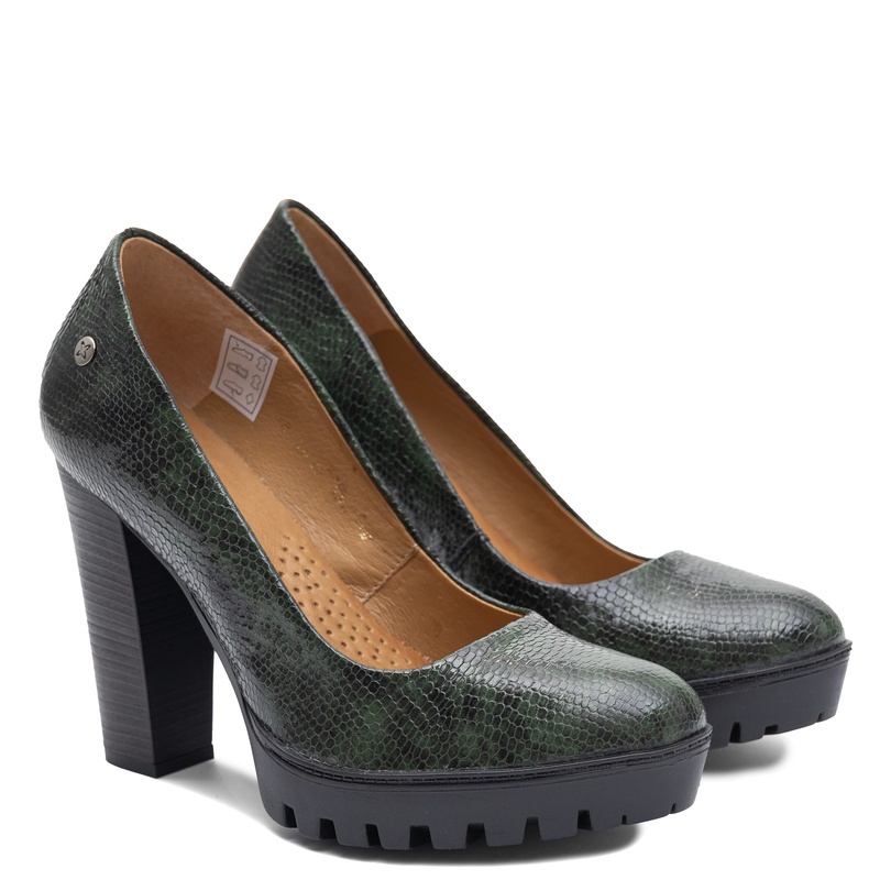 Maciejka Leather Pumps Snake Texture Block Heel Green 2629W-08/00-1