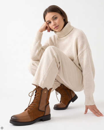 Maciejka Women’s Leather Lace-Up Boots Hand-Stitched Side Zip Cognac Brown A7155-07/00-7
