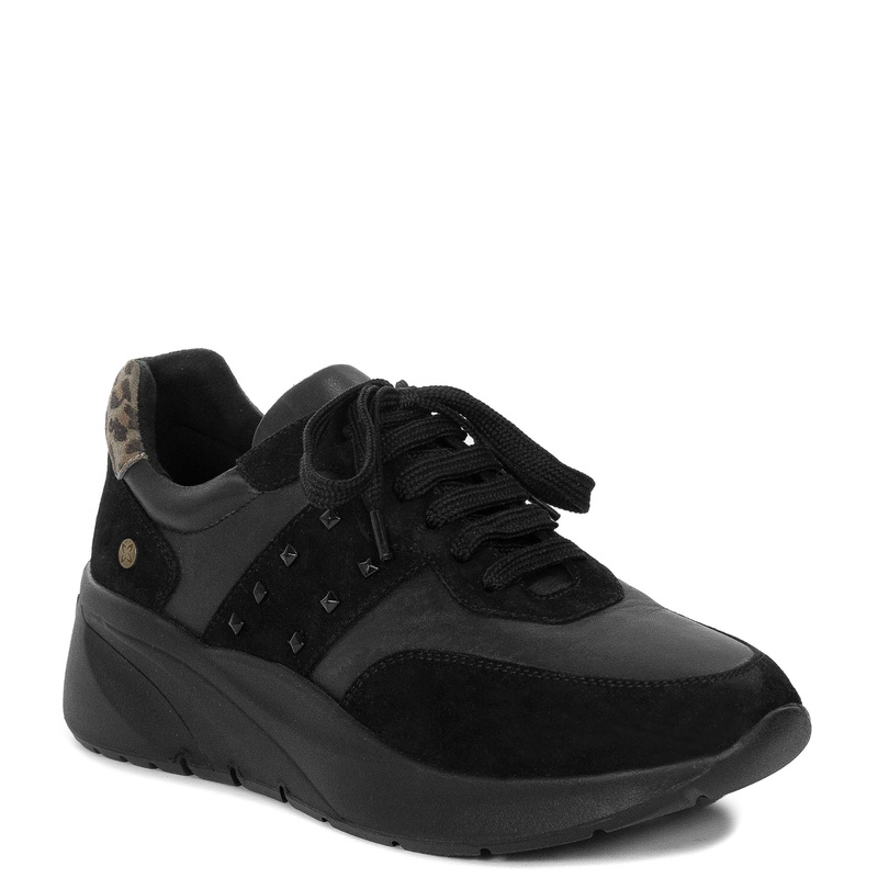 Maciejka Sneakersy Skórzane Na Koturnie z Nitami i Wstawką Animal Print Czarne P7239-01/00-7