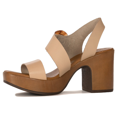 Maciejka Leather High Block Heel Sandals with Tortoiseshell Buckle, Beige L5245-04-00-0