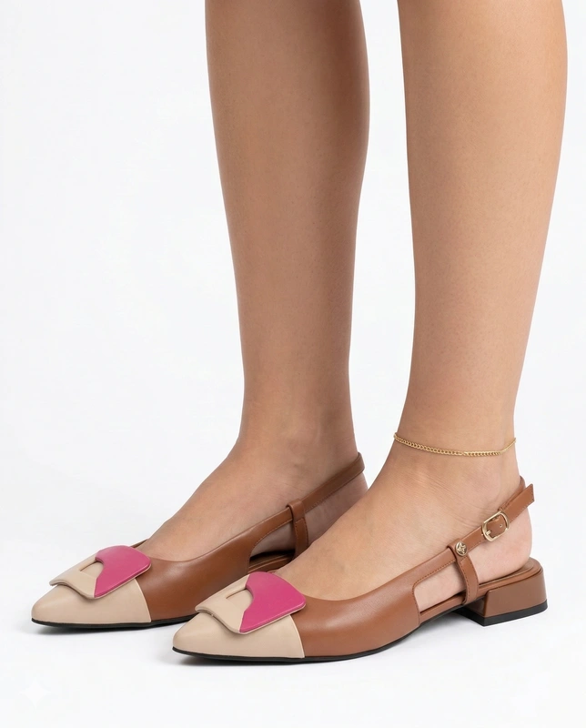 <h1>Maciejka Czółenka Skórzane Slingback Szpiczaste Niski Obcas Beżowo-Brązowe Z Różowym Akcentem K7427-02/00-1
