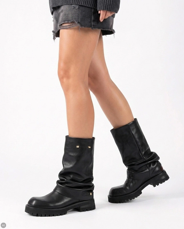 Maciejka Slouchy Leather Boots Flat Heel Black K7208-01/00-8