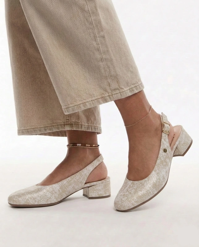 Maciejka Czółenka Slingback Skóra Naturalna Niski Słupek 4 Cm Beżowo-Złote P7492-22/00-1
