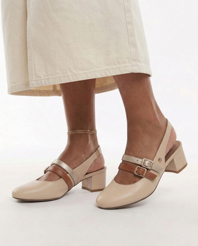 Maciejka Skórzane Czółenka Slingback z Podwójnym Paskiem Beżowe K7475-04/00-1