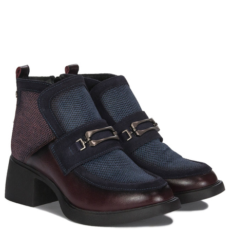 Maciejka Leather Two-Tone Ankle Boots Decorative Strap Block Heel Burgundy-Navy A6747-23/00-8