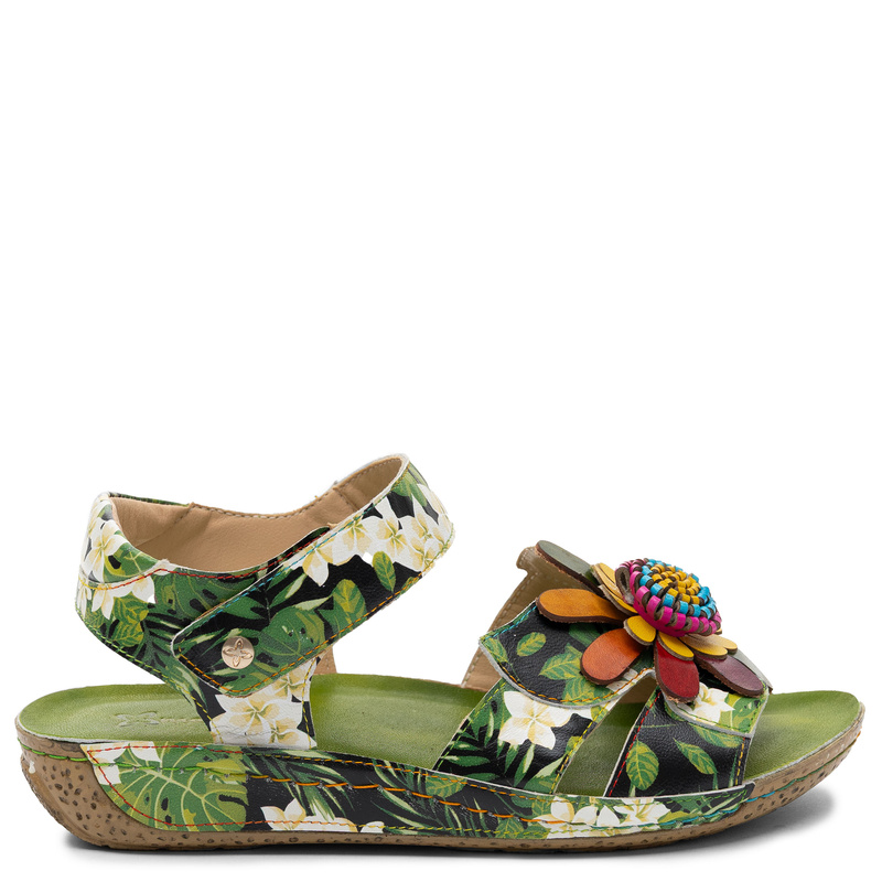 Maciejka Leather Sandals with Velcro Strap and Flower Applique Green-Multicolor K7418-09/00-1