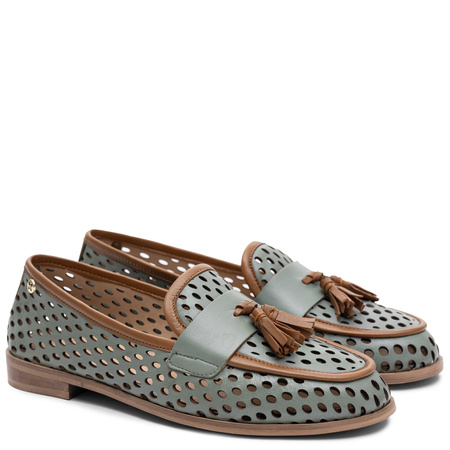 Maciejka Leather Openwork Flats Olive With Tassels HJ760-24/00-1