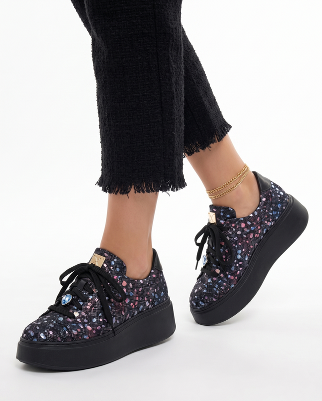 Maciejka Leather Platform Sneakers With Confetti Print, Black 6191W-04/00-8