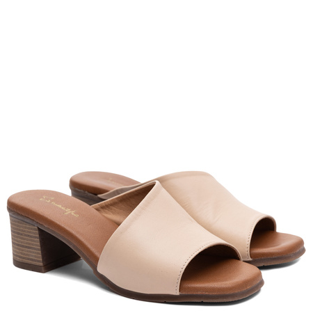 Maciejka Leather Block Heel Women's Slides Beige E7395-04/00-1