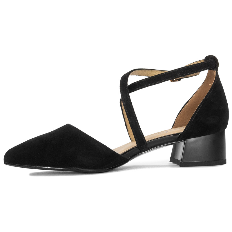 Women's Genuine Suede Leather Pumps With Asymmetric Straps Black K6807-20/00-1