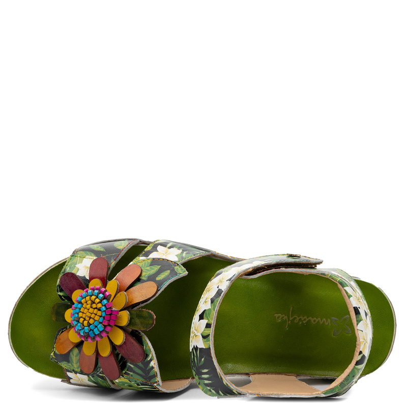 Maciejka Leather Sandals with Velcro Strap and Flower Applique Green-Multicolor K7418-09/00-1