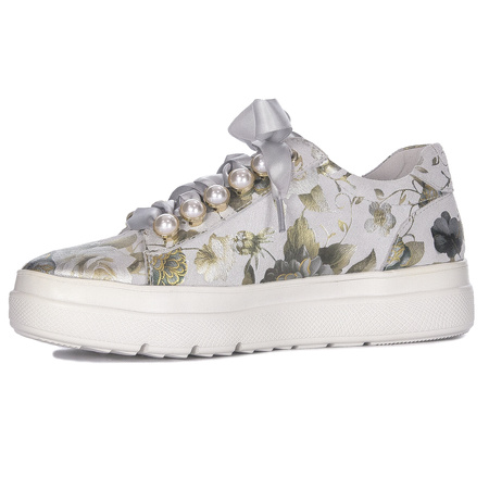 Maciejka Skórzane Sneakersy Kwiatowy Wzór Perłowe Detale Popiel N6482-38/00-1