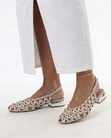 Maciejka Leather Cutout Studded Slingback Pumps Beige K7480-04/00-1
