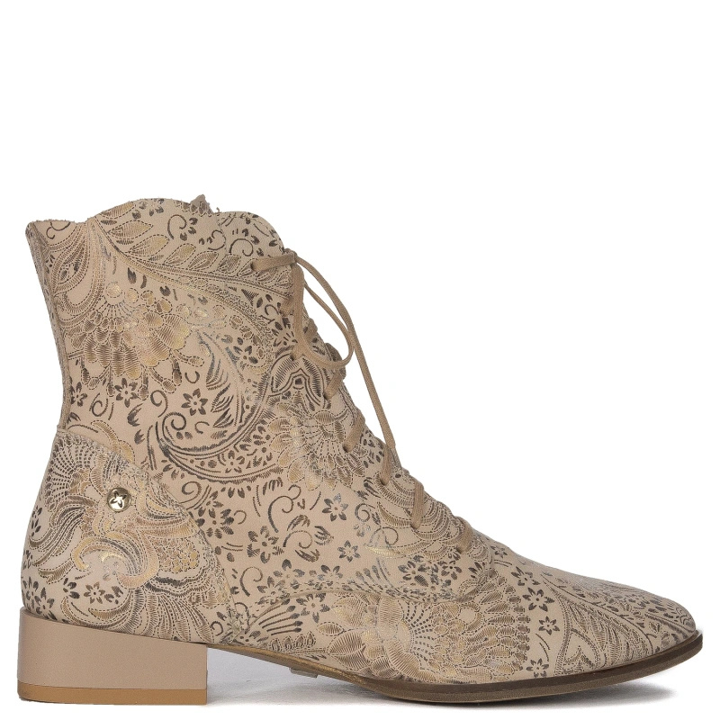 Maciejka Unique Leather Floral Lace-Up Ankle Boots Elegant Beige Gold 06391-04/00-1