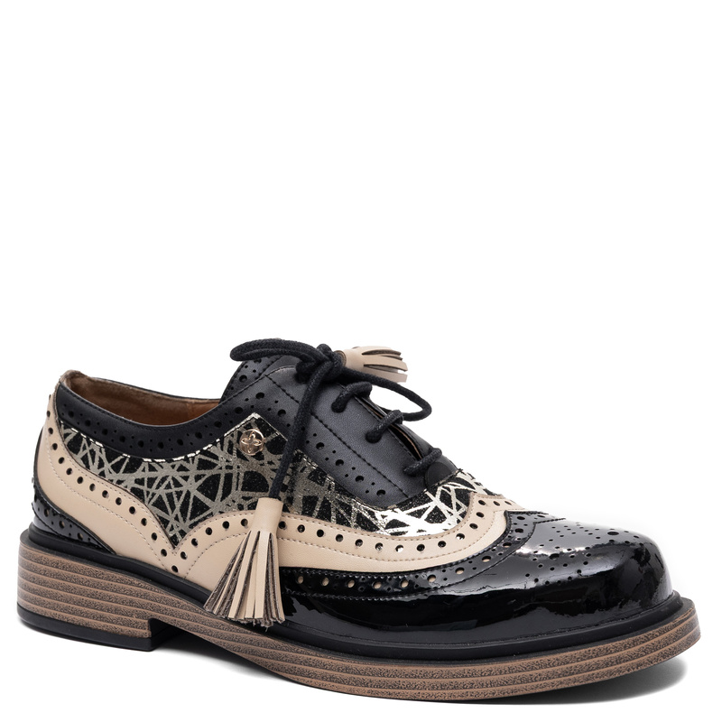 Maciejka Leather Lace-Up Shoes Elegant Two-Tone Black Beige Women’s Shoes K7816-01/00-1
