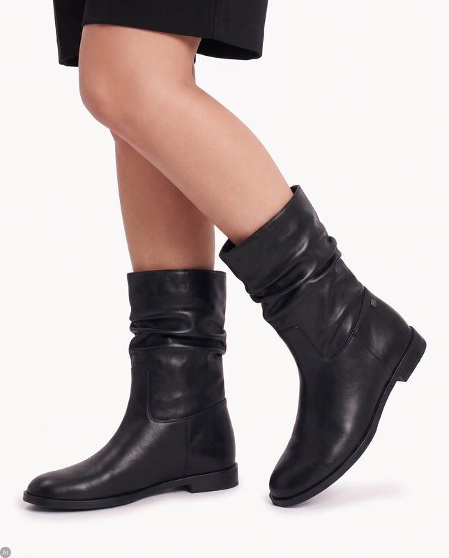 Maciejka Leather Ankle Boots Hidden Wedge Ruched Shaft Black K7211-01/00-8