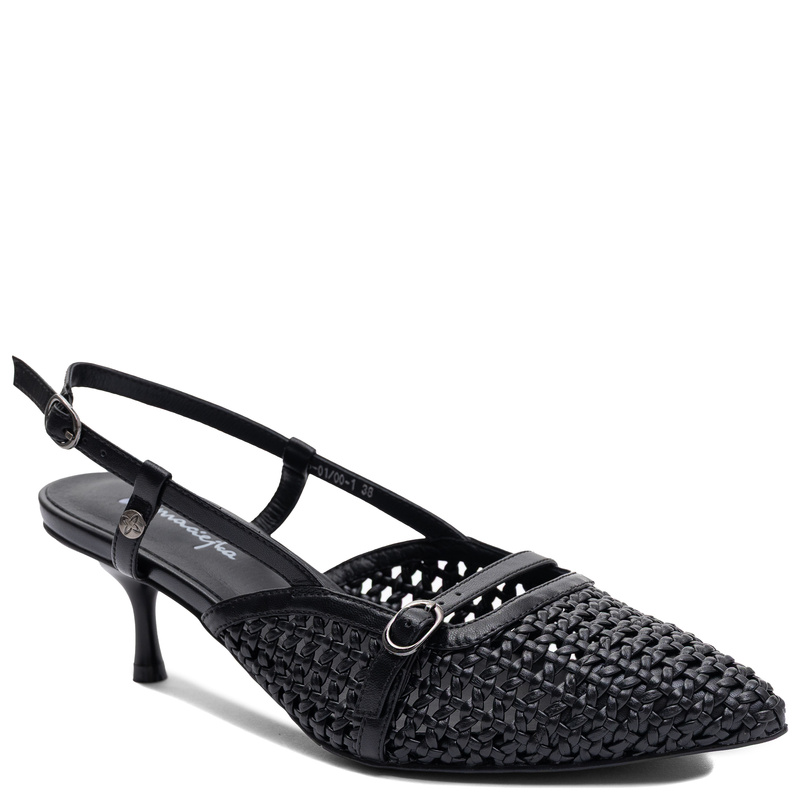 Maciejka Skórzane Plecione Slingback Czółenka Szpiczasty Nosek Czarne K7446-01/00-1