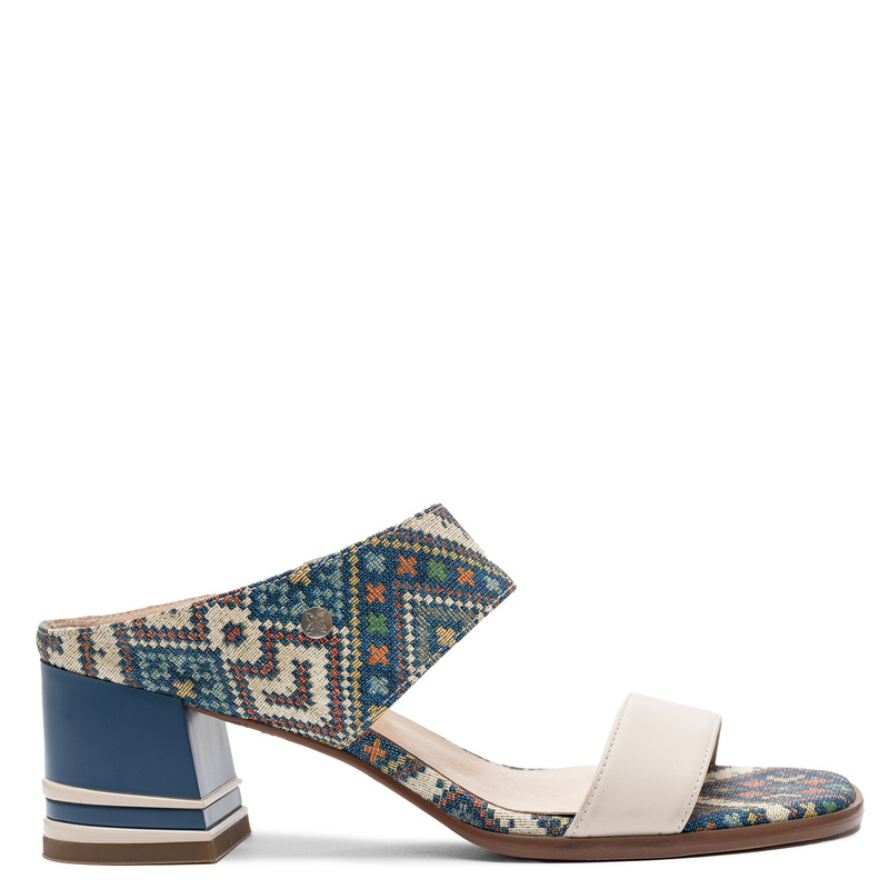 Maciejka Leather Mules Patterned Strap Stable Block Heel Beige-Navy K7522-04/00-1