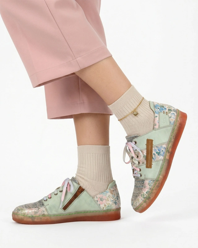 Maciejka Leather Women's Sneakers Floral Print Green 06791-09-00-1