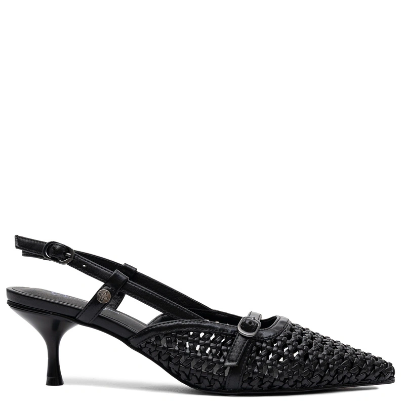 Maciejka Skórzane Plecione Slingback Czółenka Szpiczasty Nosek Czarne K7446-01/00-1