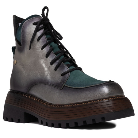 Maciejka Leather Lace-Up Platform Ankle Boots Silver-Green 07110-09-00-8
