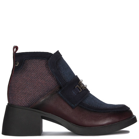 Maciejka Leather Two-Tone Ankle Boots Decorative Strap Block Heel Burgundy-Navy A6747-23/00-8