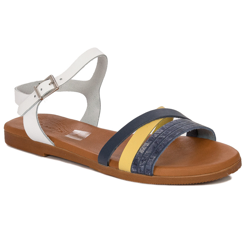 Maciejka Navy + White leather women's flat sandals