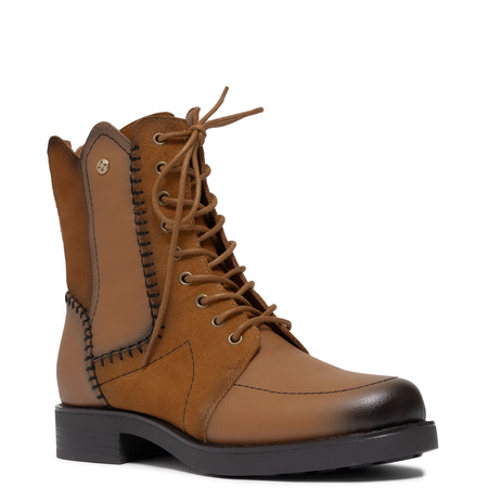 Maciejka Trzewiki Damskie Skórzane Ręczne Przeszycia Zamek i Sznurówki Koniakowy Brąz A7155-07/00-7