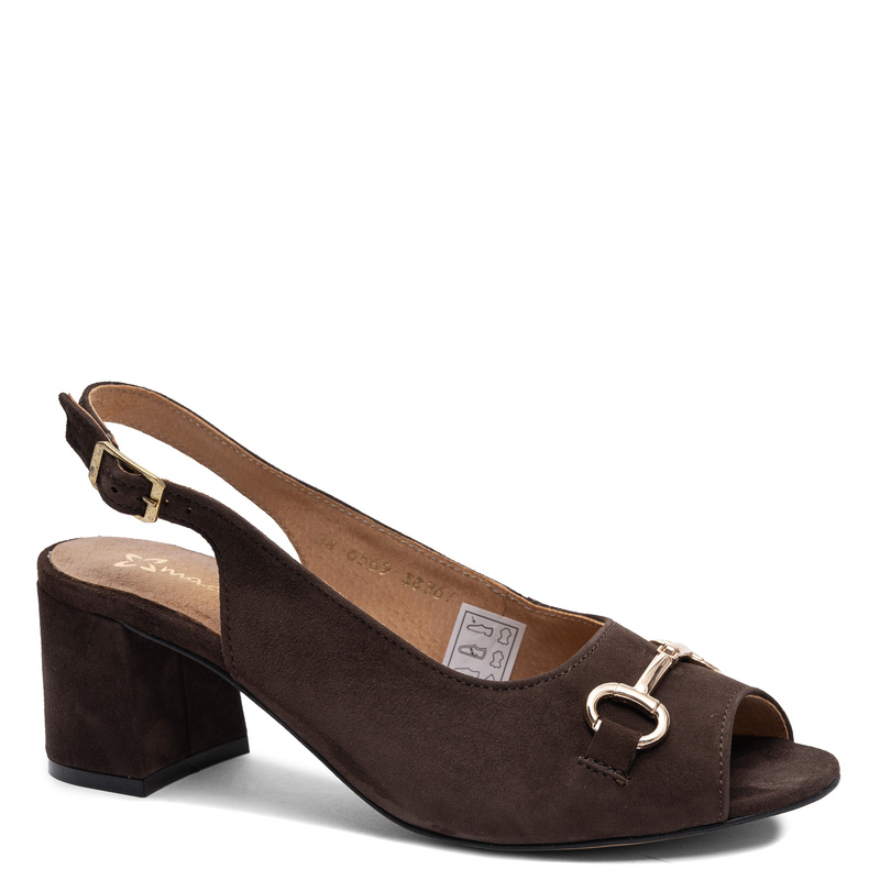 Maciejka Suede Peep Toe Block Heel Sandals With Ornament Brown 06569-02/00-5