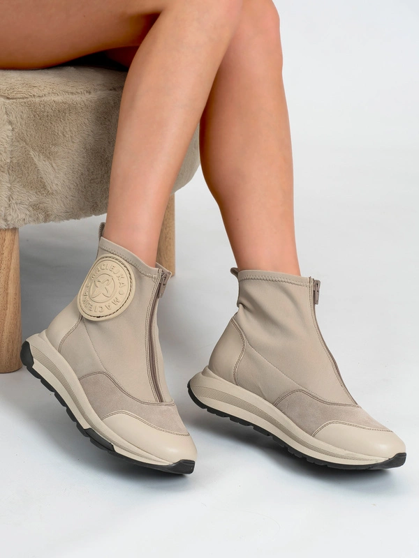 Maciejka Craftsmanship Leather-Textile Ankle Boots Front-Zip Light Beige 06297-22/00-8