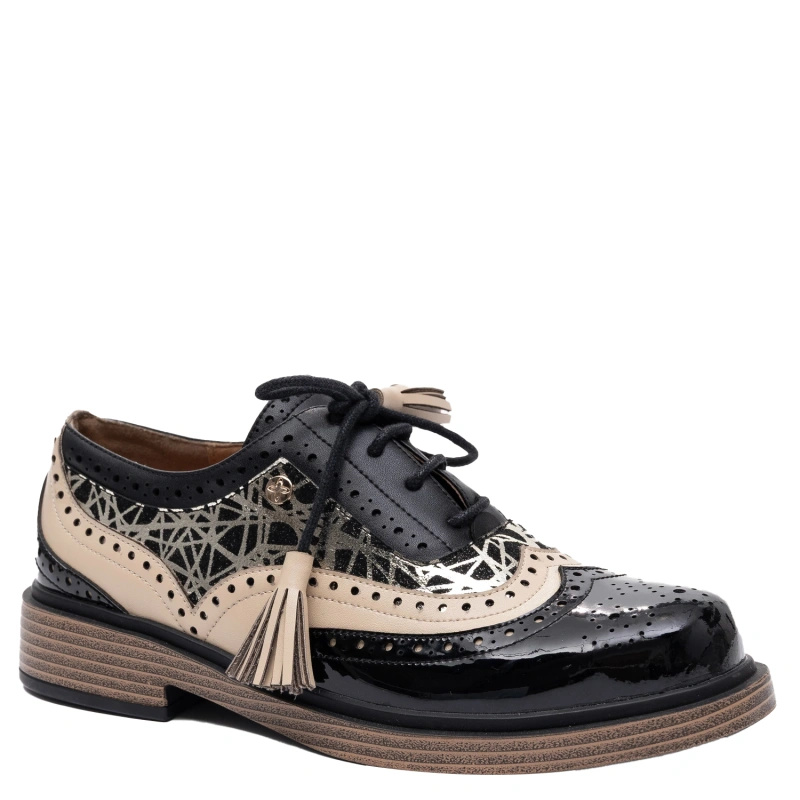 Maciejka Leather Lace-Up Shoes Elegant Two-Tone Black Beige Women’s Shoes K7816-01/00-1