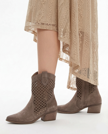 Maciejka Leather Openwork Suede Ankle Boots Almond Brown 1734-ALMOND-WEL