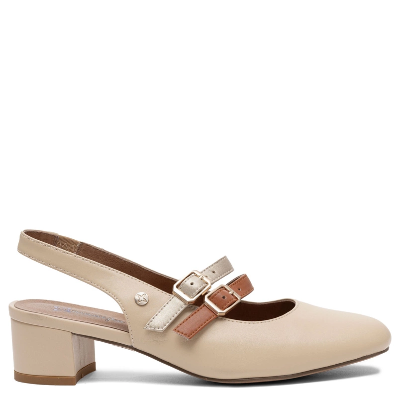 Maciejka Skórzane Czółenka Slingback z Podwójnym Paskiem Beżowe K7475-04/00-1
